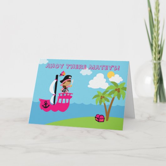 かわいいピンクの女の子の海賊誕生日パーティーの招待状 招待状 (正面)