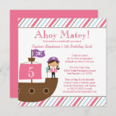 かわいいピンクの女の子の海賊誕生日パーティーの招待 招待状 (正面/裏面)