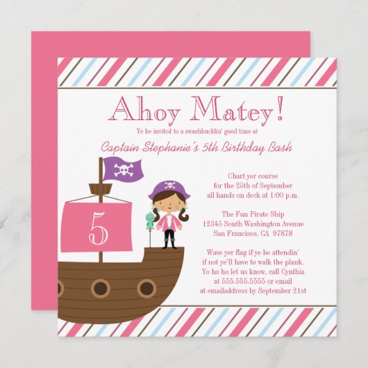 かわいいピンクの女の子の海賊誕生日パーティーの招待 招待状 (正面/裏面)