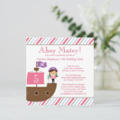 かわいいピンクの女の子の海賊誕生日パーティーの招待 招待状 (スタンド正面)