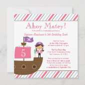 かわいいピンクの女の子の海賊誕生日パーティーの招待 招待状 (正面)