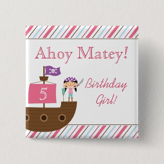 かわいいピンクの女の子の海賊誕生日パーティーボタン 缶バッジ (正面)