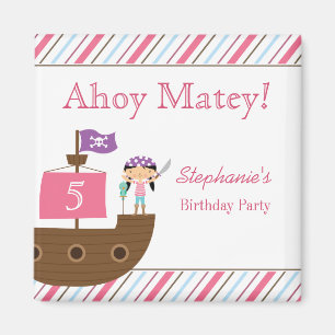 かわいいピンクの女の子の海賊誕生日パーティーマグネット マグネット