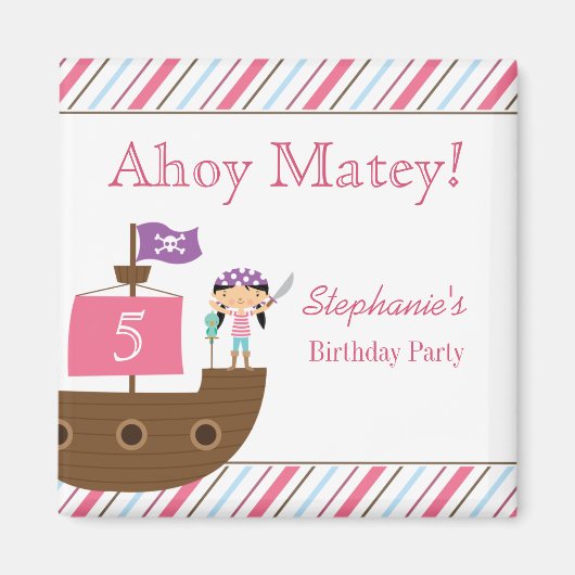 かわいいピンクの女の子の海賊誕生日パーティーマグネット マグネット (正面)