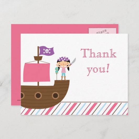 かわいいピンクの女の子の海賊誕生日パ感謝していーティー ポストカード (正面/裏面)