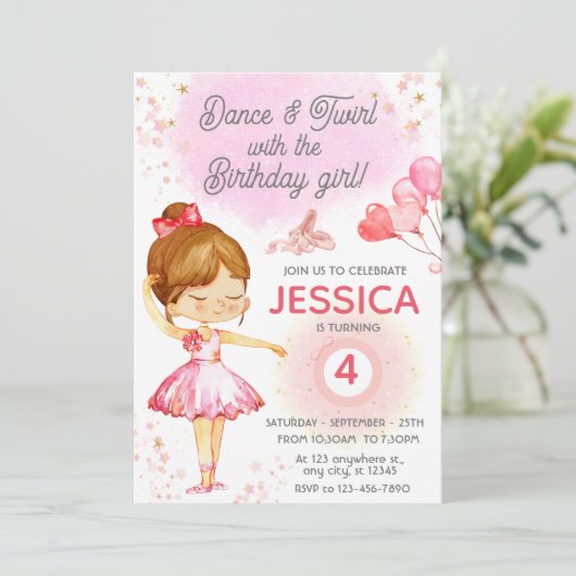 かわいいピンクの女の子の誕生日バレエパーティの招待状 招待状 (スタンド正面)