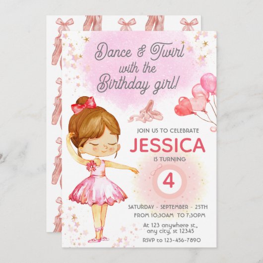 かわいいピンクの女の子の誕生日バレエパーティの招待状 招待状 (正面/裏面)