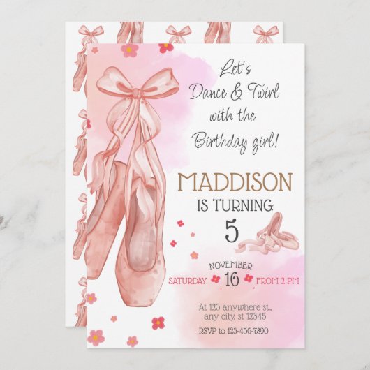 かわいいピンクの女の子の誕生日バレエパーティー 招待状 (正面/裏面)