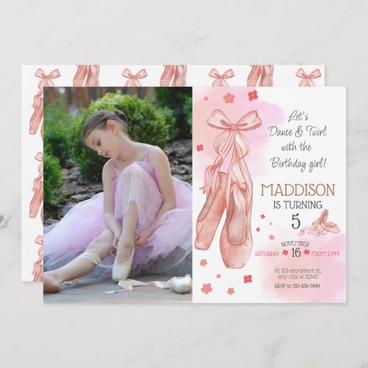 かわいいピンクの女の子の誕生日バレエパーティー 招待状 (正面/裏面)