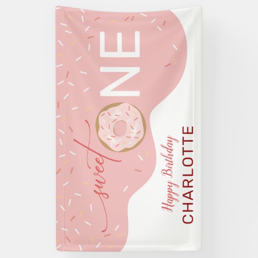 かわいいピンクの女の子の誕生日（1歳） 横断幕 (縦)