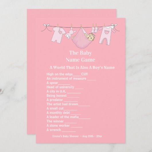 かわいいピンクの女の子の赤ちゃんシャワー推理ゲーム 招待状 (正面/裏面)