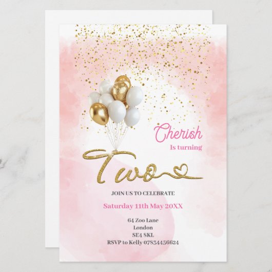 かわいいピンクの女の子の2番目の誕生日招待状 招待状 (正面/裏面)