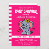かわいいピンクの女の子ひまわり象の赤ちゃんシャワー 招待状 (正面/裏面)