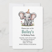 かわいいピンクの女の子エレファント1st誕生日パーティー 招待状 (正面)