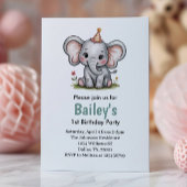 かわいいピンクの女の子エレファント1st誕生日パーティー 招待状