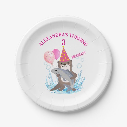 かわいいピンクの女の子シーオッターバースデーパーティー ペーパープレート (正面)