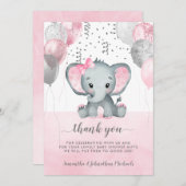 かわいいピンクの女の子ゾウの風船ベビーシャワー サンキューカード (正面/裏面)