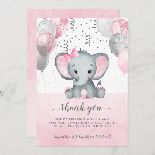 かわいいピンクの女の子ゾウの風船ベビーシャワー サンキューカード (正面/裏面)
