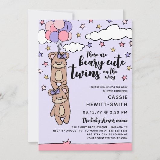 かわいいピンクの女の子ツインツインベビーシャワー 招待状 (正面)