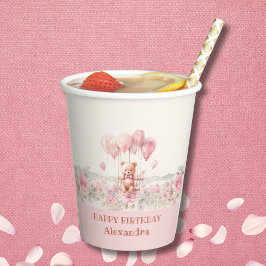 かわいいピンクの女の子テディ誕生日パーティー 紙コップ