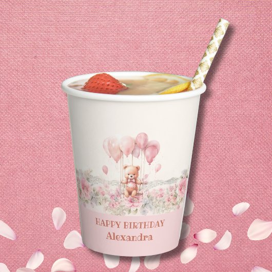 かわいいピンクの女の子テディ誕生日パーティー 紙コップ
