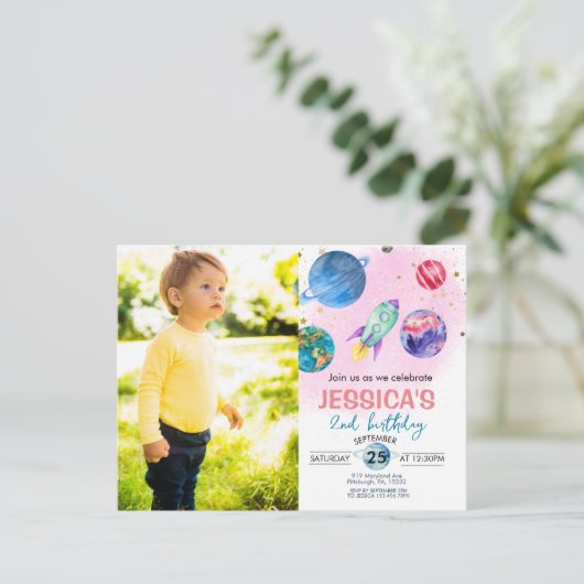 かわいいピンクの女の子パーティー宇宙飛行士誕生日招待 ポストカード (スタンド正面)