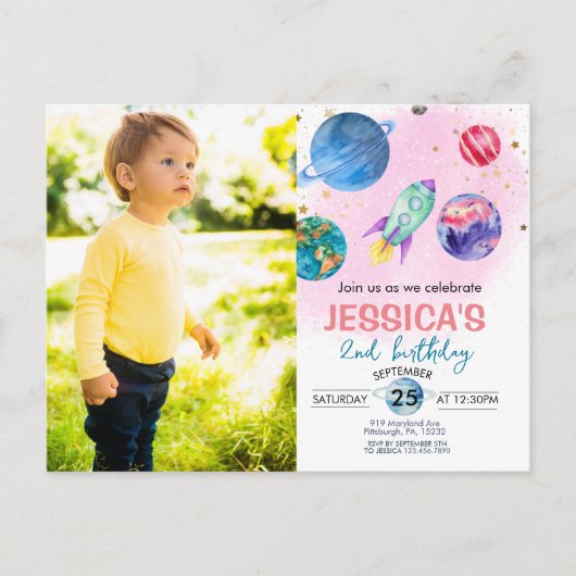 かわいいピンクの女の子パーティー宇宙飛行士誕生日招待 ポストカード (正面)