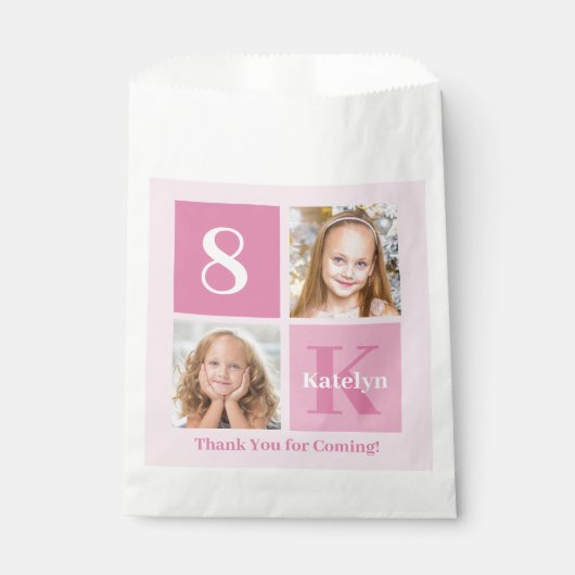かわいいピンクの女の子フォトコラージュカスタム誕生日パーティー フェイバーバッグ (正面)