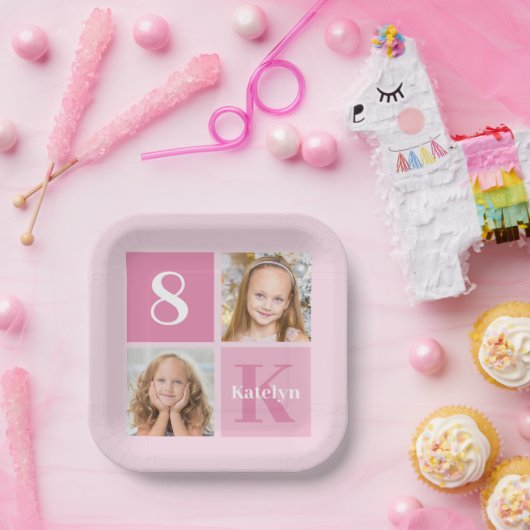 かわいいピンクの女の子フォトコラージュカスタム誕生日パーティー ペーパープレート (パーティー)