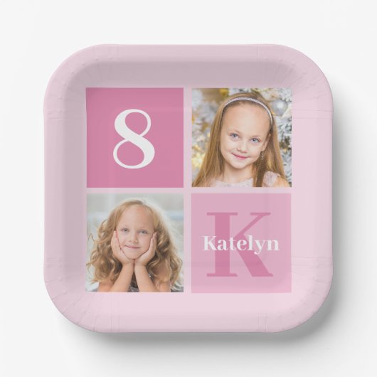 かわいいピンクの女の子フォトコラージュカスタム誕生日パーティー ペーパープレート (正面)