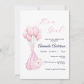 かわいいピンクの女の子ベアーバルーンベビーシャワー招待状 招待状 (正面)