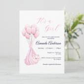 かわいいピンクの女の子ベアーバルーンベビーシャワー招待状 招待状 (スタンド正面)