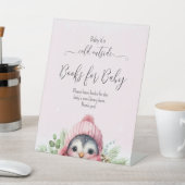 かわいいピンクの女の子ペンギン冬の赤ちゃんシャワー 台座サイン (インサイチュ)