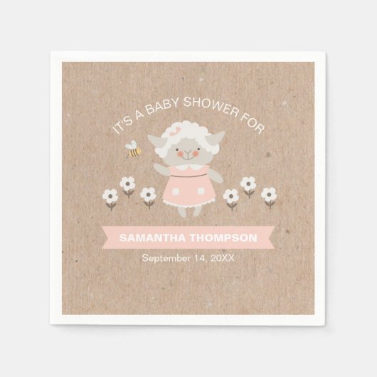 かわいいピンクの女の子ラムベビーシャワー スタンダードカクテルナプキン (正面)