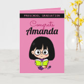 かわいいピンクの女の子幼稚園卒業 カード (黄色い花)