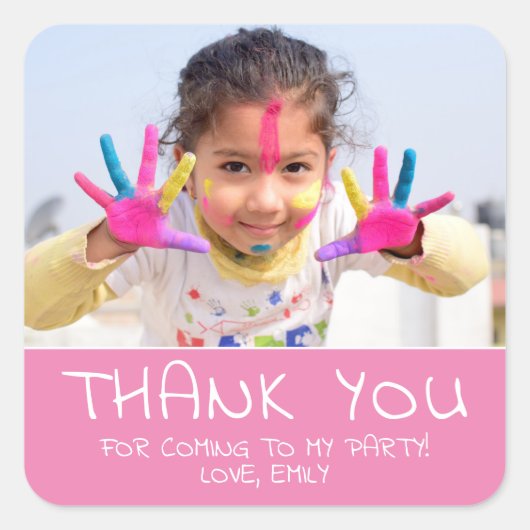 かわいいピンクの女の子誕生日写真ありがとう スクエアシール (正面)