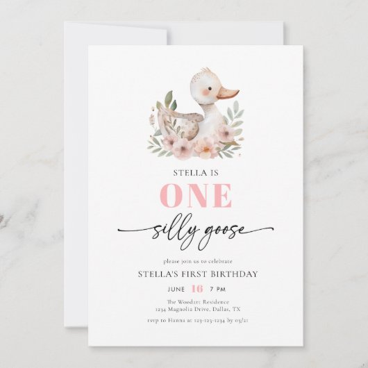 かわいいピンクの女の子間抜けワンガース誕生日パーティー 招待状 (正面)