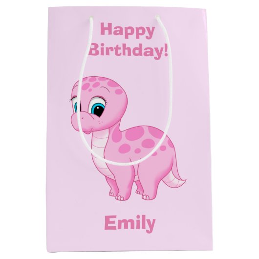 かわいいピンクの女の赤ちゃんの恐竜 ミディアムペーパーバッグ (正面)