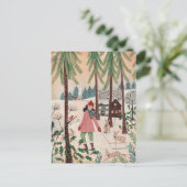 かわいいピンクの女性とウサギ雪の村 シーズンポストカード (スタンド正面)