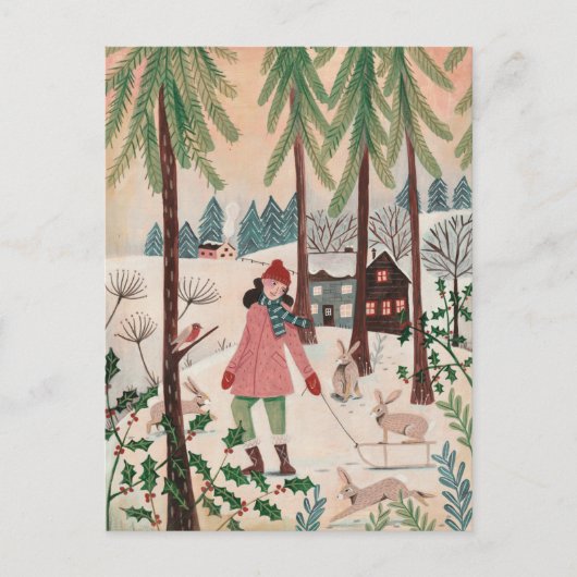 かわいいピンクの女性とウサギ雪の村 シーズンポストカード (正面)