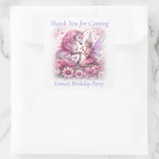 かわいいピンクの妖精かわいらしとユニコーンありがとう スクエアシール (バッグ)