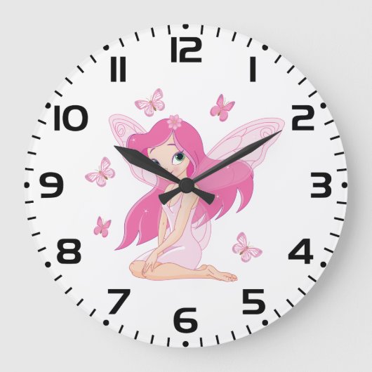 かわいいピンクの妖精と魔法の蝶 ラージ壁時計 (正面)