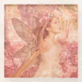 かわいいピンクの妖精の春ファンタジーアート ガラスコースター (正面)