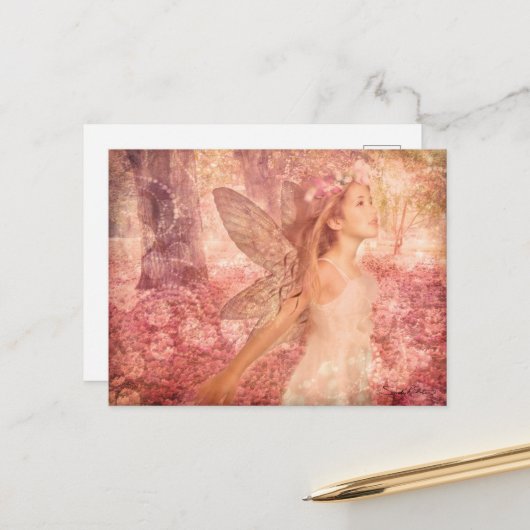 かわいいピンクの妖精の春ファンタジーアート ポストカード (正面/裏面インサイチュ)