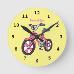 かわいいピンクの子ども用自転車漫画のイラストレーション ラウンド壁時計