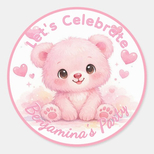かわいいピンクの子グマの女の子の誕生日 ラウンドシール (正面)