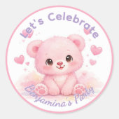 かわいいピンクの子グマの誕生日 ラウンドシール (正面)