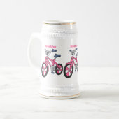 かわいいピンクの子供たち自転車の漫画イラストレーション ビールジョッキ (正面左)