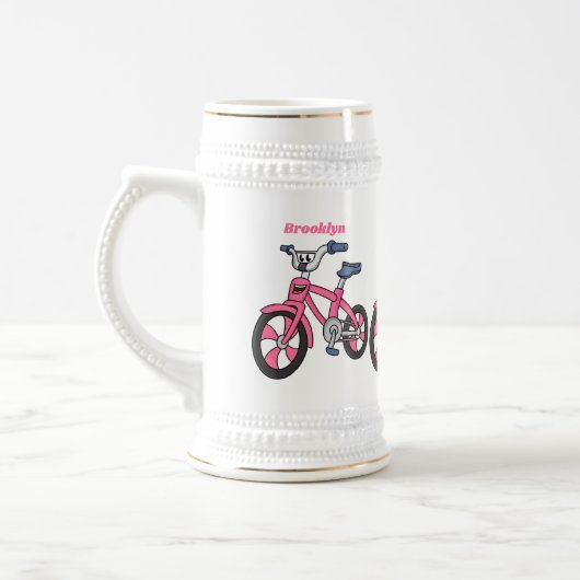かわいいピンクの子供たち自転車の漫画イラストレーション ビールジョッキ (左)