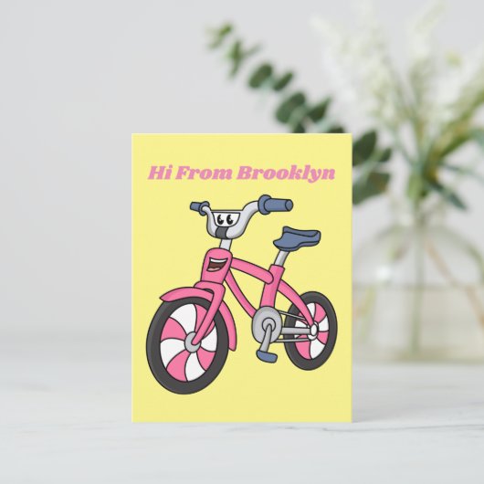 かわいいピンクの子供たち自転車の漫画イラストレーション ポストカード (スタンド正面)